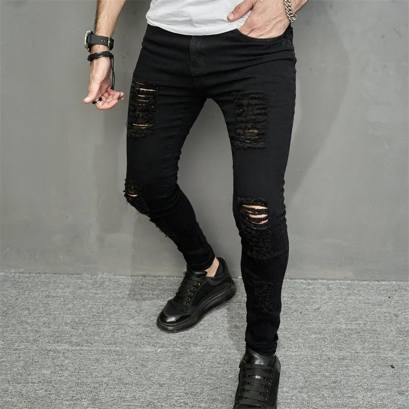 Men Jeans Ankle Length Hole Vintage Ripped Pencil Pants Denim Skinny Pockets Distressed Slim Moto Biker Solid Washed ripped jeans ripped patchwork jeans