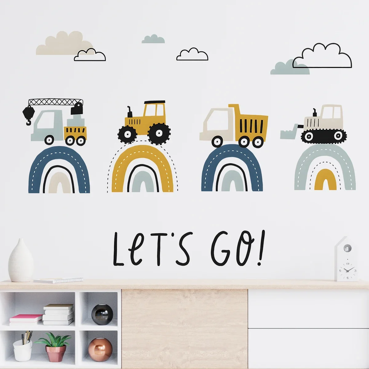 Cartoon Engineering Vehicle Truck Rainbow Wall Stickers Children's Room for Boy Bedroom Living Room Decor Nursery Decoration 1pc wall stickers