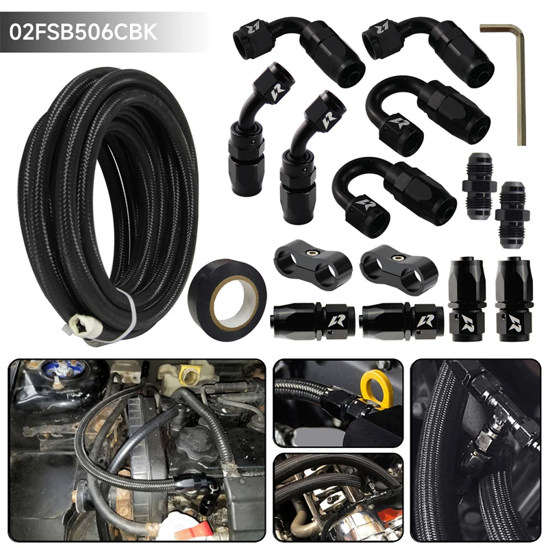 

Universal 16.4FT 5M AN6 Nylon/Stainless Steel Braided Fuel Line + AN6 Hose End Fitting Kit Black / Silver