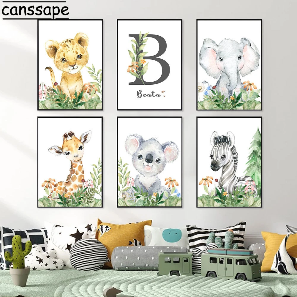 Custom Name Art Prints Lion Elephant Art Posters Animal Wall Poster Nordic Wall Pictures Nursery