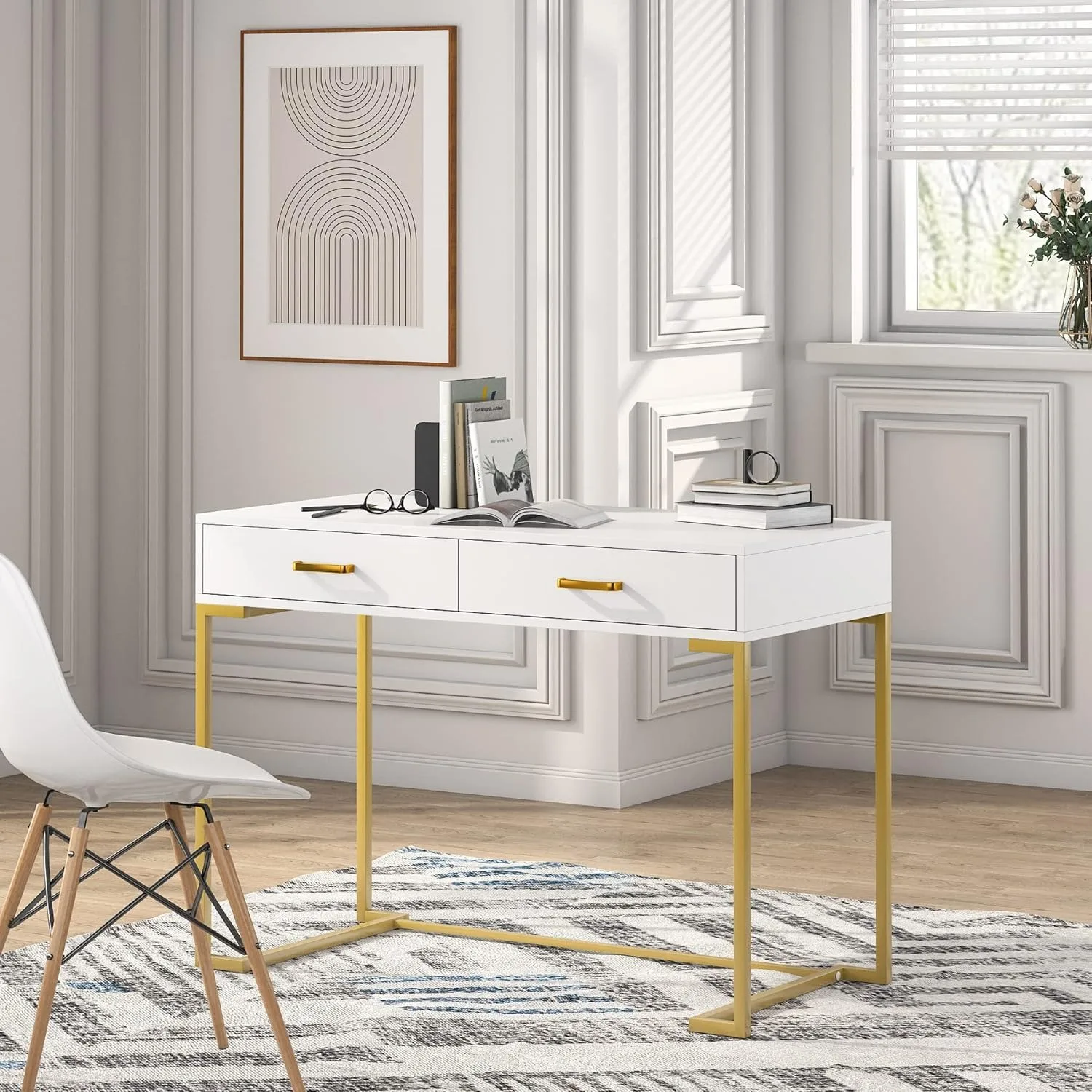 Computer Desk with 2 Drawers, White and Gold Desk Modern Writing Desk Study Table for Home Office, Bedroom (White/Gold) 4