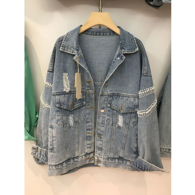 

Autumn/Winter Bead Denim Jacket Women Coat Bomber Vintage HOLE Pearl Outwear Fashion Loose Korean Embroidery Europe Leisure