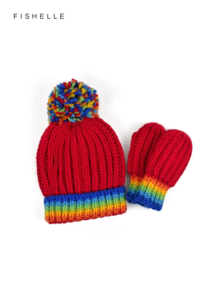 Rainbow knitting wool hat women's warm hat autumn winter knitted hat adults kids red color cap christmas new year child gift 2
