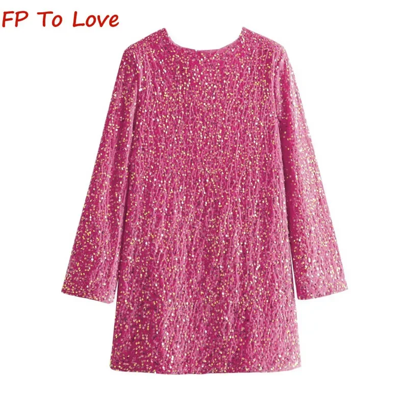 

Женское мини-платье с круглым вырезом, длинным рукавом и блестками