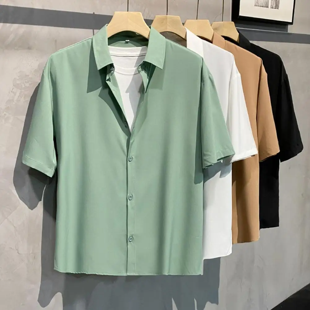 

Men Summer Shirt Short Sleeve Korean Style Solid Color Loose Single-breasted Match Pants Anti-wrinkle Men Summer Top Men Clothes
