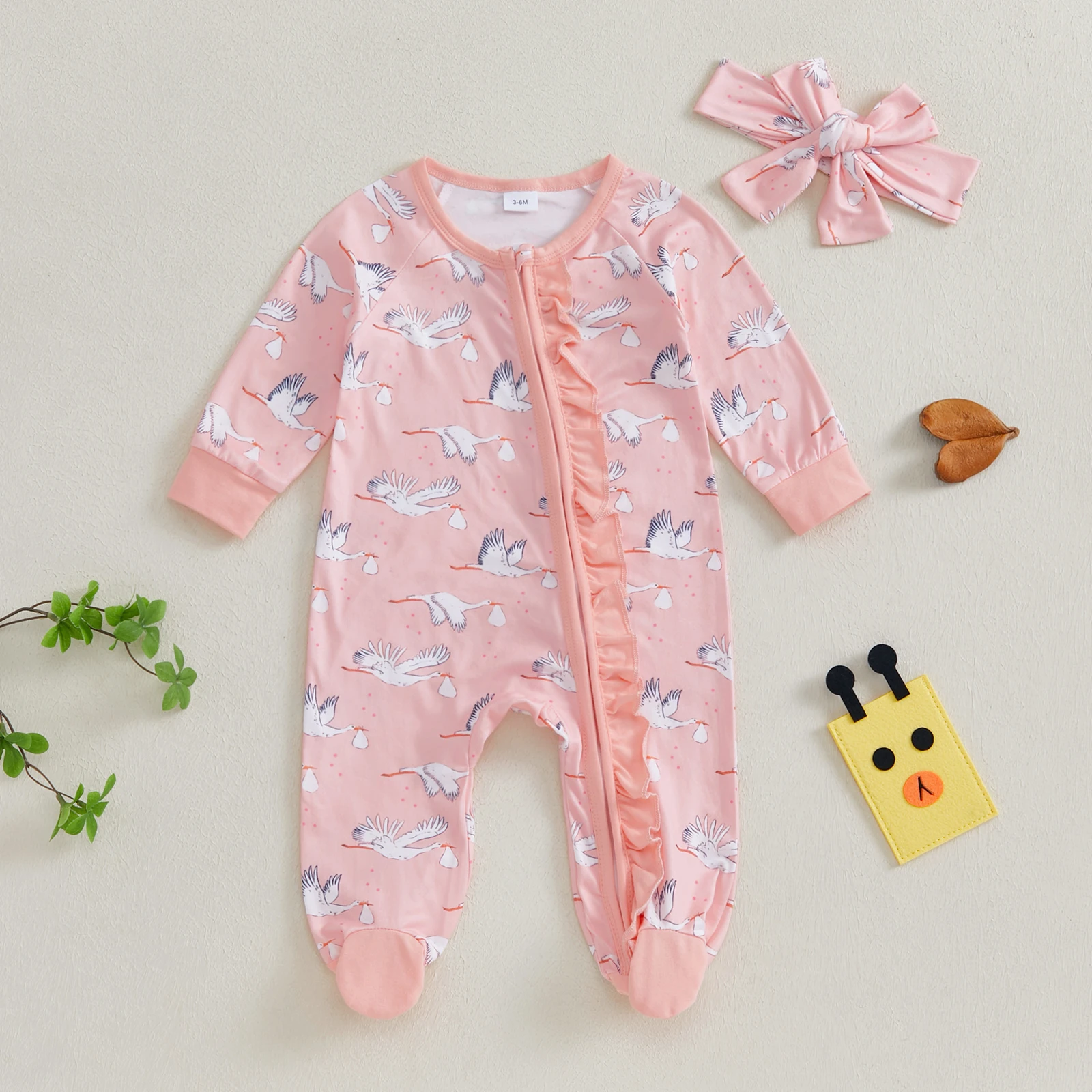 Autumn Newborn Girl Fall Outfit Animal Print Ruffle Long Sleeve Zipper Footed Jumpsuit Bow Headband Clothes Set