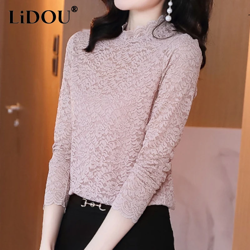

Spring Autumn New Korean Lace Solid Color Tops Women Long Sleeve Hollow Out Aesthetic Chic Pullover Female Fashion Lady Clothes