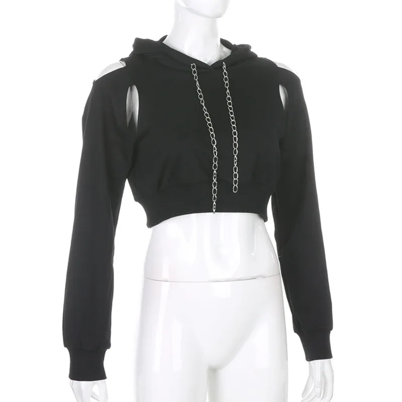 Sexy Hoodie Fashion Women Autumn Spring Long Sleeve Cut Out Chain Hoodie Short Sweatshirt Hollow Crop Top Women's Clothing