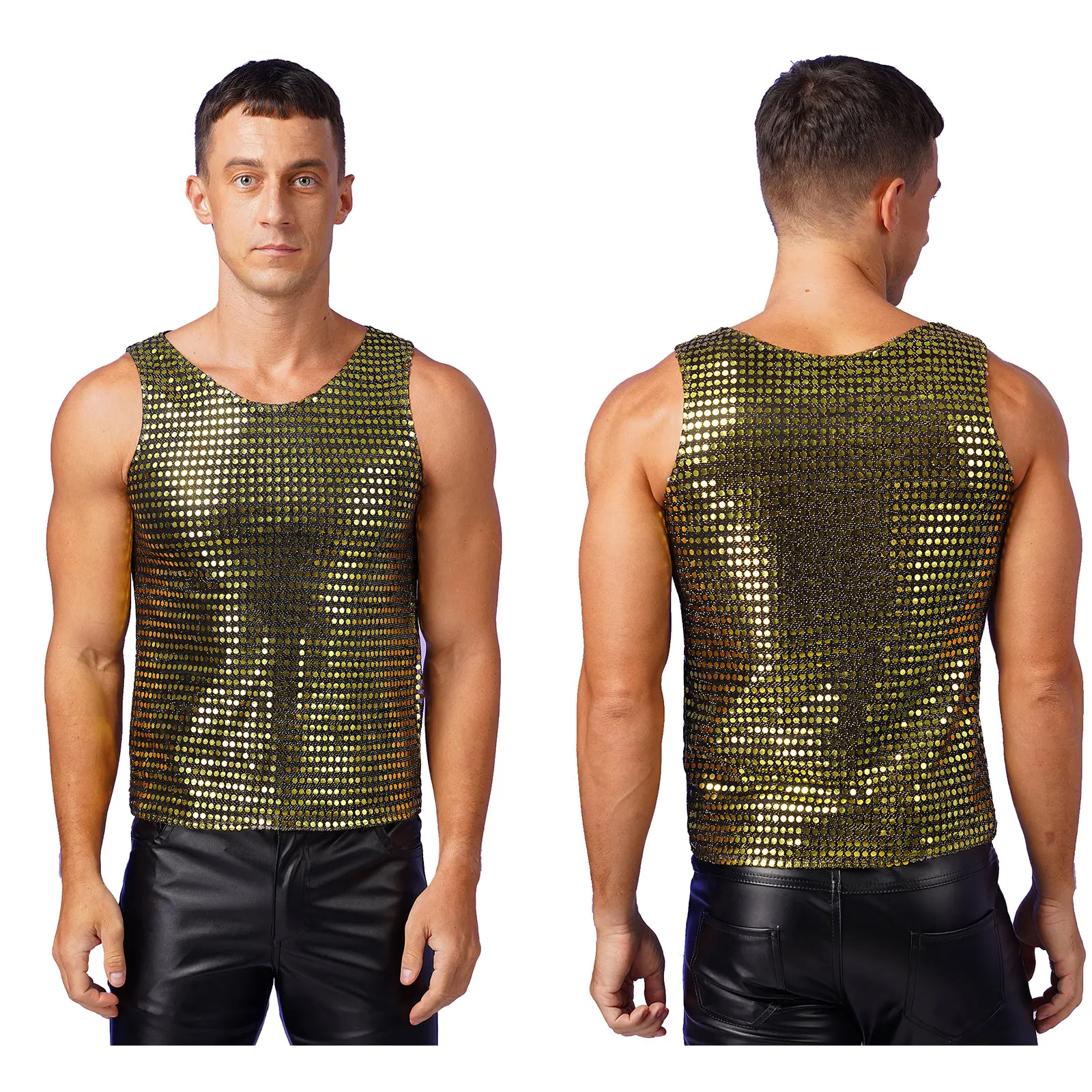 thumbnail image 1 of Camiseta de baile moderno de jazz con puntos y lentejuelas brillantes para hombre, camisetas de cuello redondo y manga corta, camisetas de rendimiento para festivales de discotecas, disfraces, 1 of 5