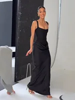 CHNMR Robe longue sexy dos nu froncée pour femme, col en U, sans manches, moulante, noire, pour soirée 6