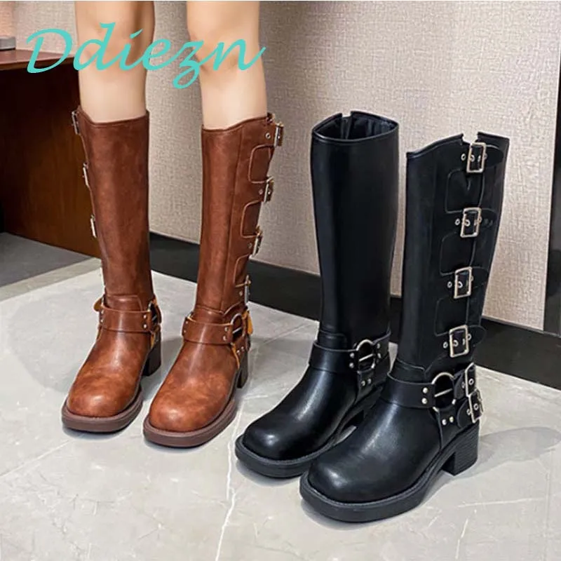 

Women Short Boots Thick-Heeled Autumn Fashion Buckle Round Toe Western Shoes Mid-Calf Knight Long Boots Female Slip-On Shoes