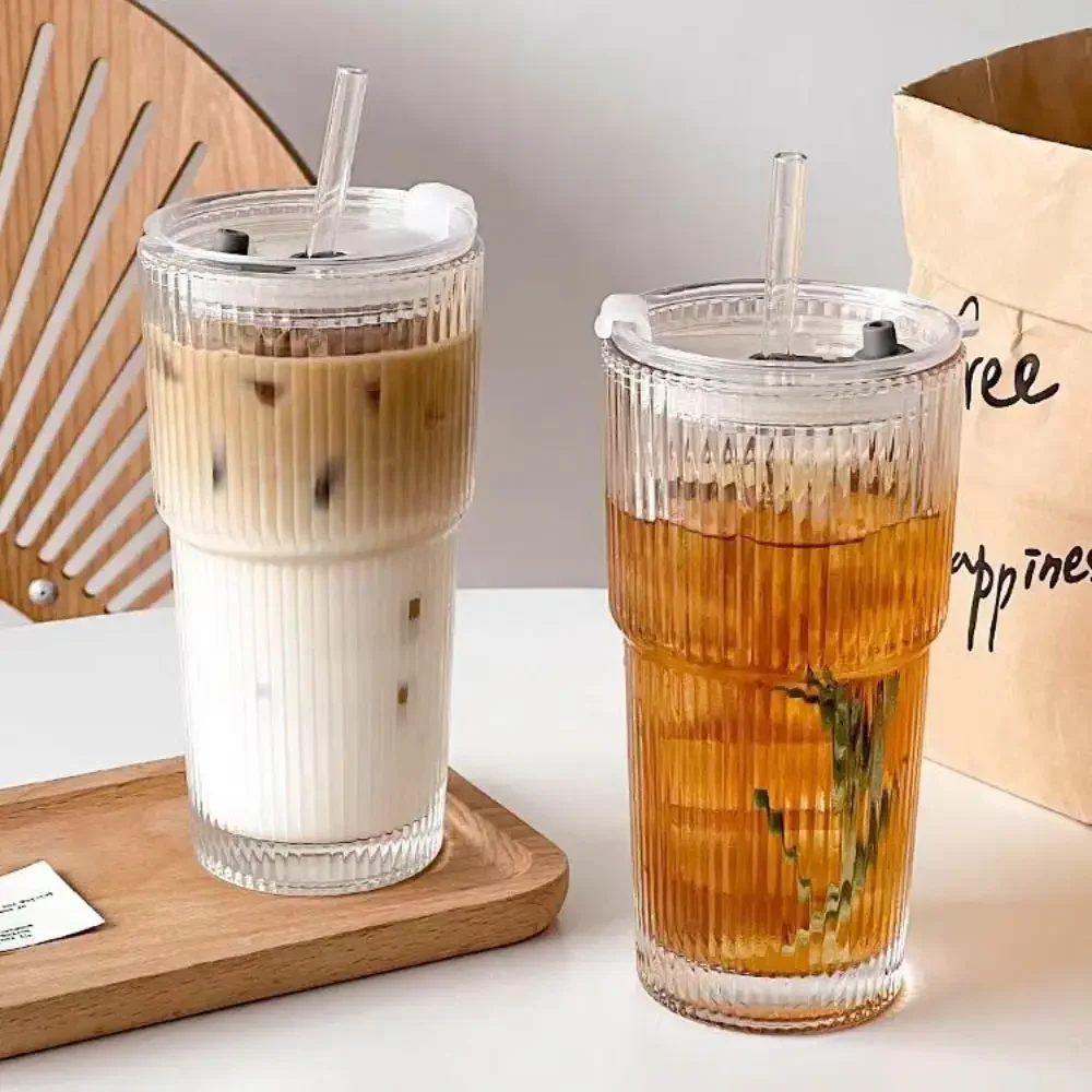 Striped Glass Coffee Cup with Lid and Straw – Clear Glass Drinkware for Coffee, Tea & Water 2