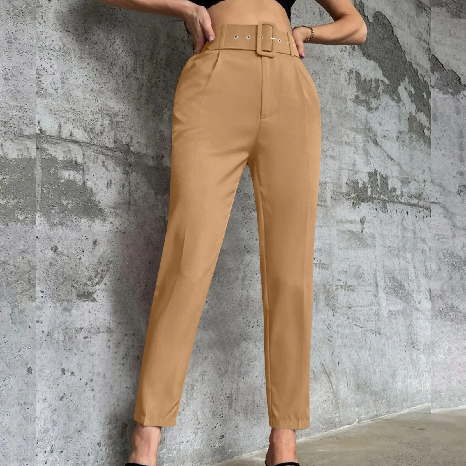 

Women's Summer Solid Straight Leg Pants High Waist Slim Comfortable Casual Trousers Office Lady Belted Cropped Pants Streetwear