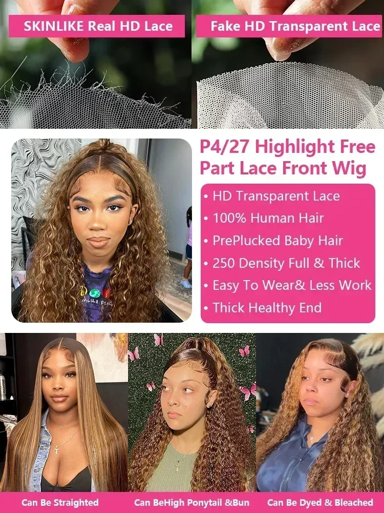 4/27 Highlight Ombre Deep Wave HD Lace Front Wigs 250 Density Curly 30 40 Inch Brown 13x6 Lace Frontal Human Hair Wig Water Wave