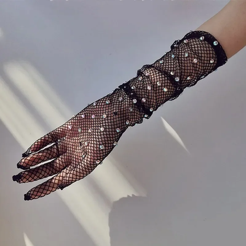 Guanti lunghi da donna in pizzo a rete ultra sottile con glitter