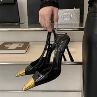 Sandales à talons hauts pour femmes, escarpins à tête carrée en métal et cuir verni noir, escarpins à talons aiguilles, chaussures de fête Sexy, nouvelle collection été 6