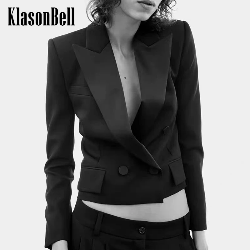 

5.2 KlasonBell Celebrity Same Black Satin Spliced Notched Collar Jacket Temperament Shoulder Pads Double Breasted Short Blazer