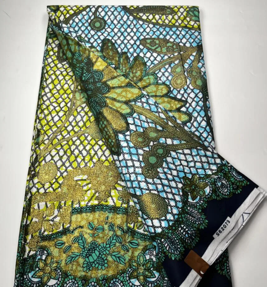

Good Quality African Wax Fabric Real Batik Ankara Cotton Material Golden Glitter 6YARDS Green Loincloth For Sew Wedding Dress