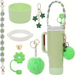 Enhanced Water Bottle Accessory Set - 7 Piece Kit with Handle Strap, Cup Covers, Straw Cover, and Decorative Charms (Green)
