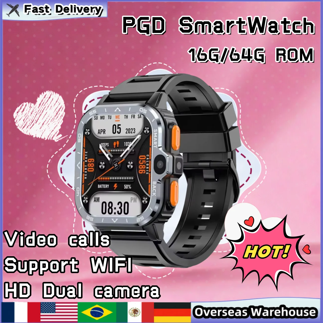 PGD SmartWatch 4G LTE Android Smart Watch GPS SIM Card Wifi