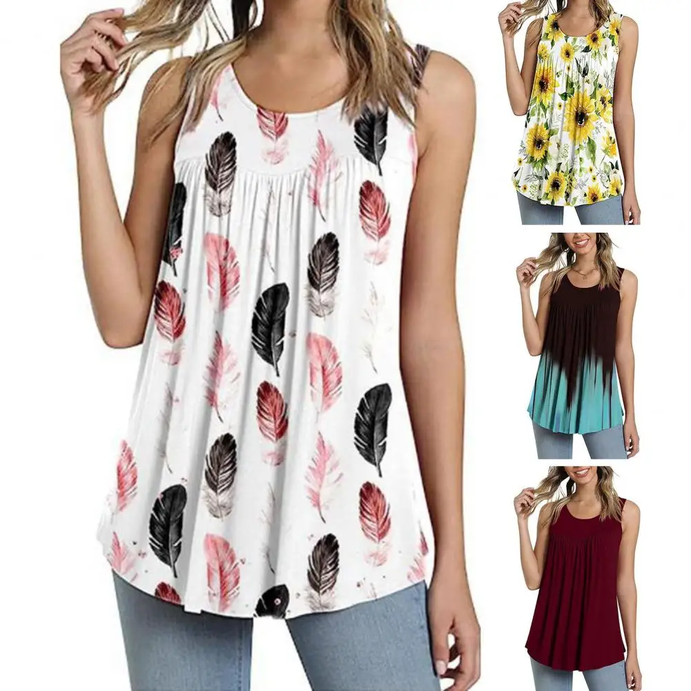 Scoop Neck Tops Women Summer Tops Stylish Summer Sleeveless Women's Tank Tops Floral Feather Heart Print Loose Pleated Hem for A tank tops mama life heart o neck tank top in orange size l m xl