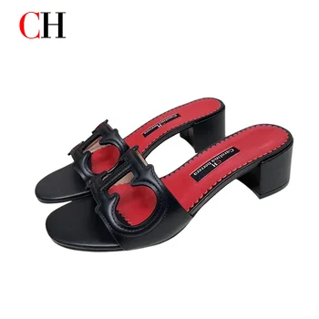 CH Cutout Design Elegant Office Low Heeled Women's Sandals Minimalist Style Crystal Women's Home Slippers 1