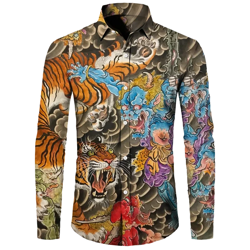 Camisa con botones y cuello vuelto para hombre con estampado 3D de tigre, estilo chino, vintage, de manga larga, para fiesta hawaiana, ropa de calle