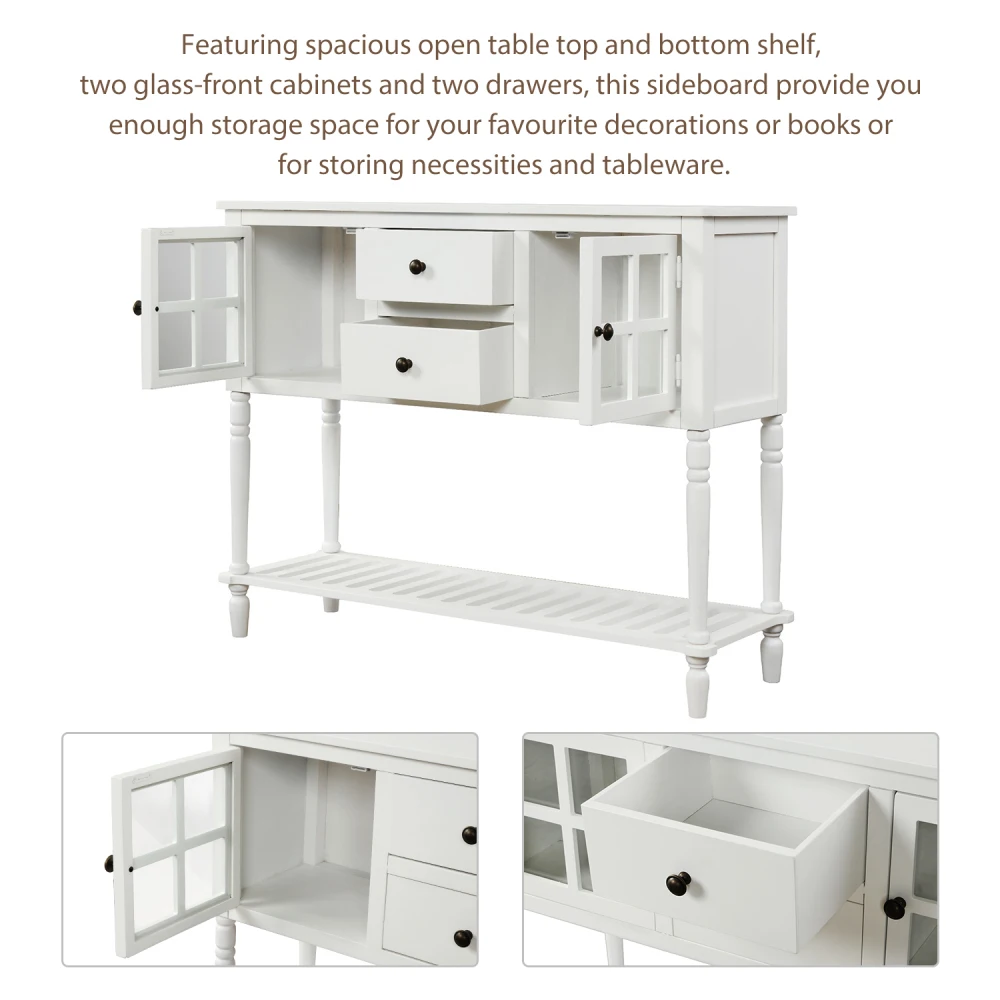 TREXM Farmhouse Wood/Glass Sideboard Console Table with Bottom Shelf - White Buffet Storage Cabinet for Living Room 5