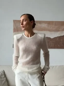 Women Solid See Through Knitted Pullover Sexy Round Neck Full Sleeve Slim Fit Thin Sweater 2025 Female High Street New Knitwears 1