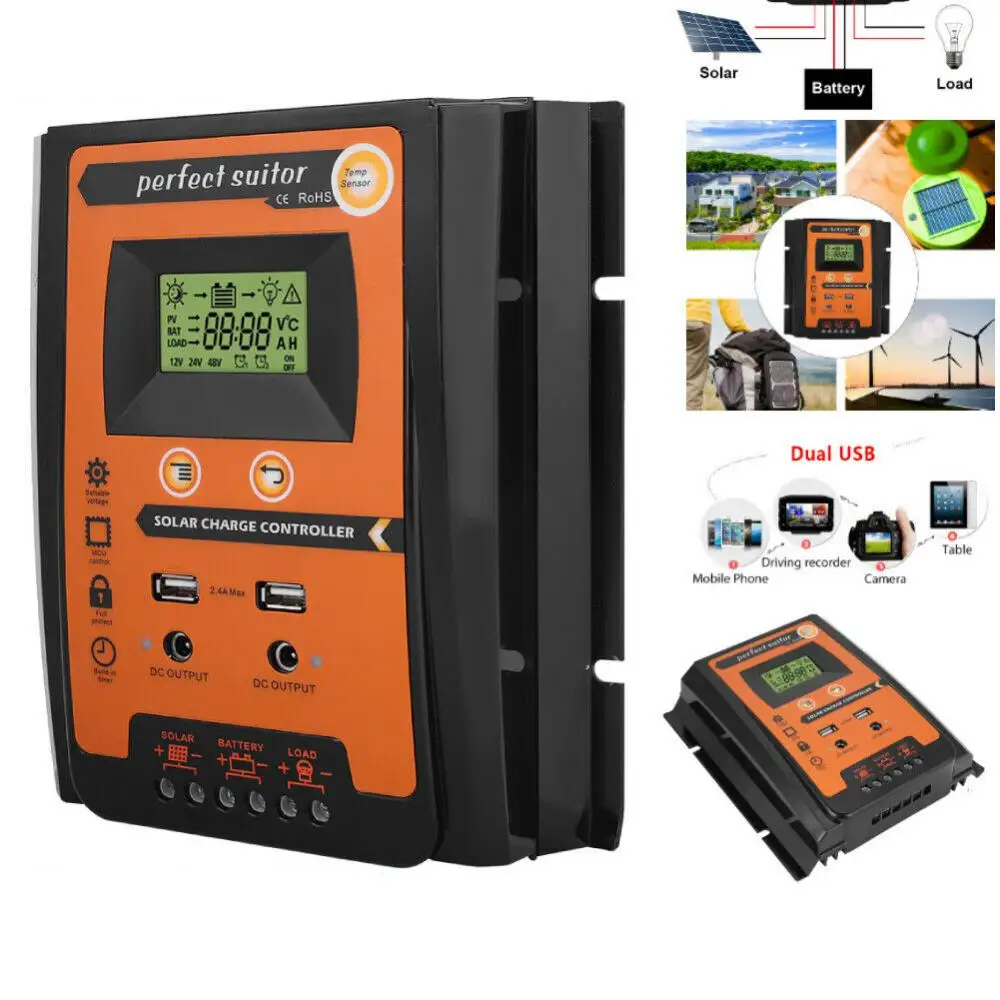PWM 태양광 충전 컨트롤러, 듀얼 USB 태양광 레귤레이터, 대형 LCD, IP32 PV 배터리 컨트롤러, 부하 타이머, 30A, 50A, 70A, 12V, 24V