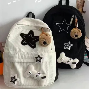 Teen Student Large Capacity School Bookbag Y2K Girls Star Pattern Laptop Backpack  Corduroy Rucksack Double Strap Shoulder Bag 1