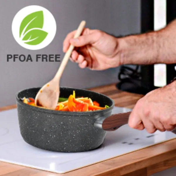 cooking food with saucepan on stove