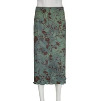 SUCHCUTE y2k Vintage Floral Printing Midi Skirts Women Harajuku Fairycore Green Straight Maxi Skirt Aesthetic Sweet Girl Clothes - Image 6