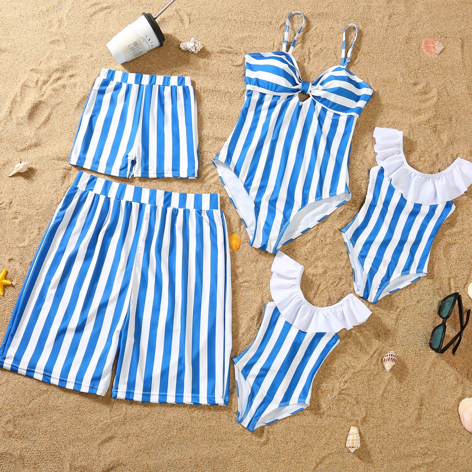 New 2024 Women Girls Men Boys Swimwear Family Matching Swimsuit Striped Print One-Piece Suit Swim Shorts Beachwear Holiday Look 2
