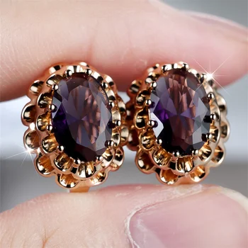Geometric Oval Stone Purple Crystal Flower Hoop Earrings For Women Vintage Gold Color Ear Buckle Wedding Jewelry Engagement Gift