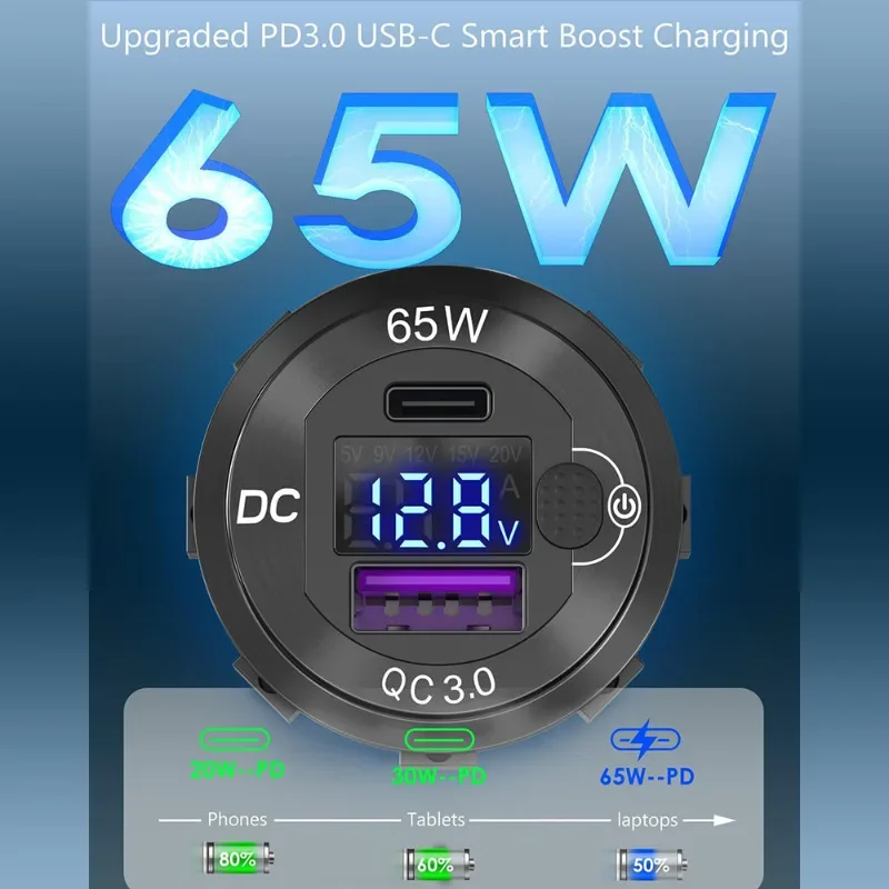 12V/24V USB C 차량용 충전기 83W 빠른 충전 65W PD3.0 및 18W QC3.0 LED 디지털 디스플레이 및 자동차 RV ATV 오토바이 용 전원 스위치