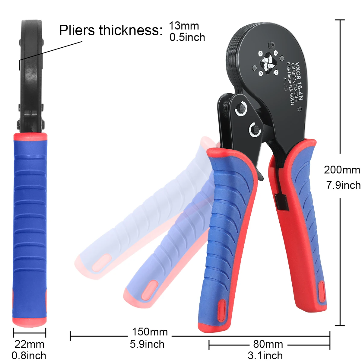 WOZOBUY 래칫 압착 도구, VXC9 16-4N 사각 턱 와이어 압착 플라이어, AWG 28-5 (0.08-16 mm²) 페룰 터미널 크림퍼