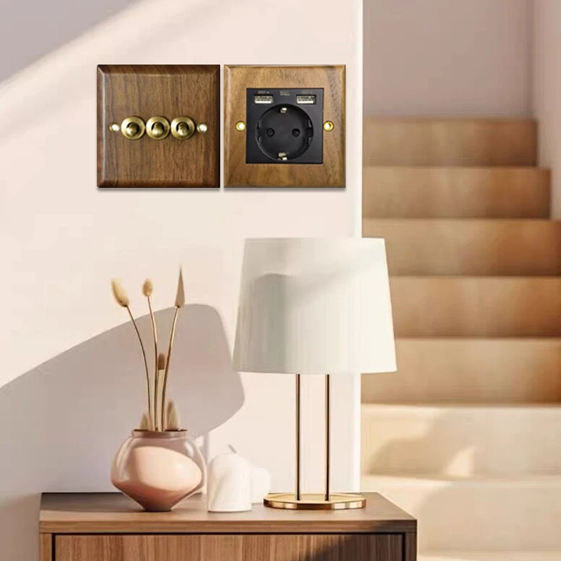 Enchufe de interruptor de luz de pared Vintage tipo europeo Retro de alta  calidad, placa de interruptor de palanca de latón de madera maciza