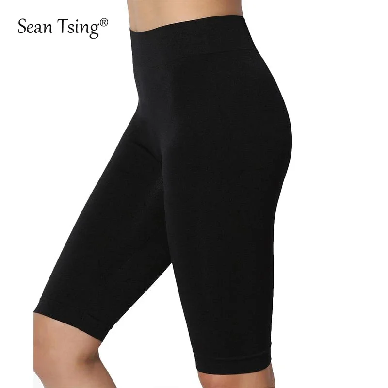 Sean Tsing&reg; Fashion Soft Viscose Biker Shorts Women Fitness High Waist Summer Slim Knee-Length Black Cycling Leggings Sportwear