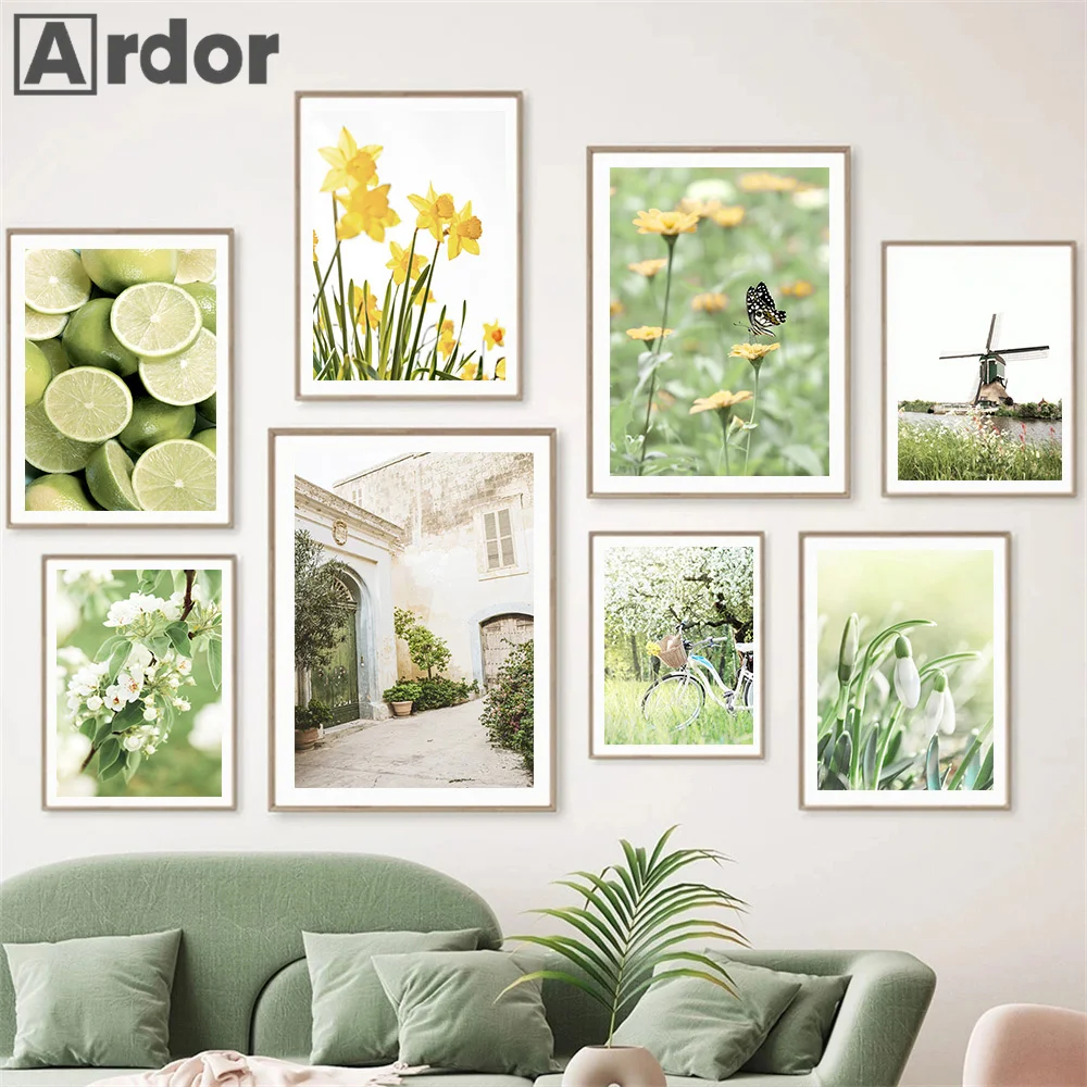 

Nordic Modern Minimalist Aesthetic Wall Art Natural Lemon Green Leaf Flower Canvas Posters And Prints Pictures Living Room Decor