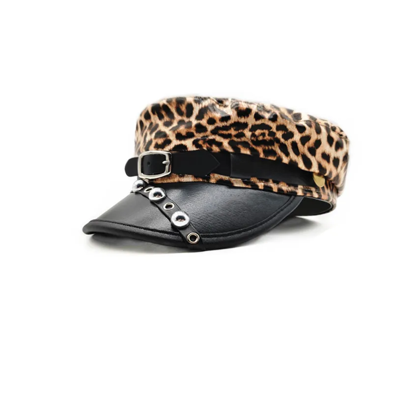 Korean Version New Original Spicy Girl Leopard Print Rivet Leather Buckle Flat Top Hat Subculture Leather Newsboy Hat