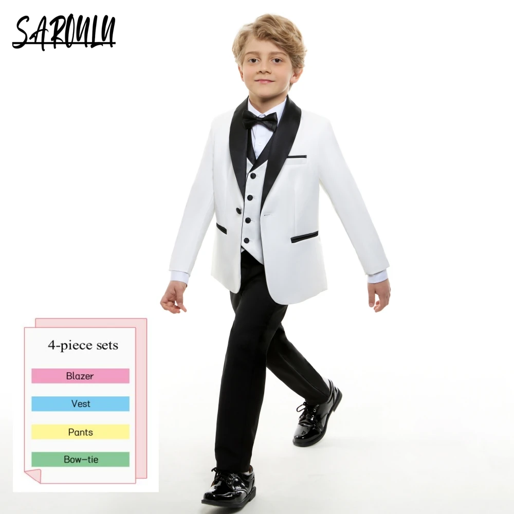 

White Tuxedo Toddler Dresswear Wedding Ring Bearer Prom Smart Sets Formal Boy's 4-Piece Suit Set Paisley Slim Fit Classy Kids