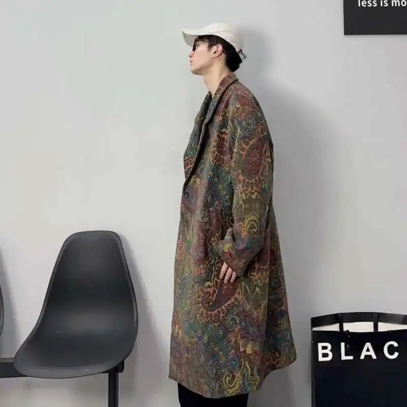 HKSH Notched Collar Original Design Shoulder Pads Loose High Sense Med Length Retro Pattern Windbreaker Fashion Chic Coat HK3354