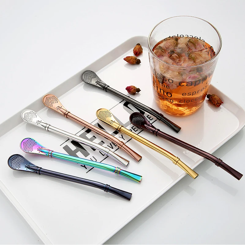 2in1 Stainless Steel Drinking Straw Spoon Tea Filter Yerba Mate Tea Straws Bombilla Gourd Reusable Tools Bar Accessories drinking straws metal straw set metal straws stainless steel straw
