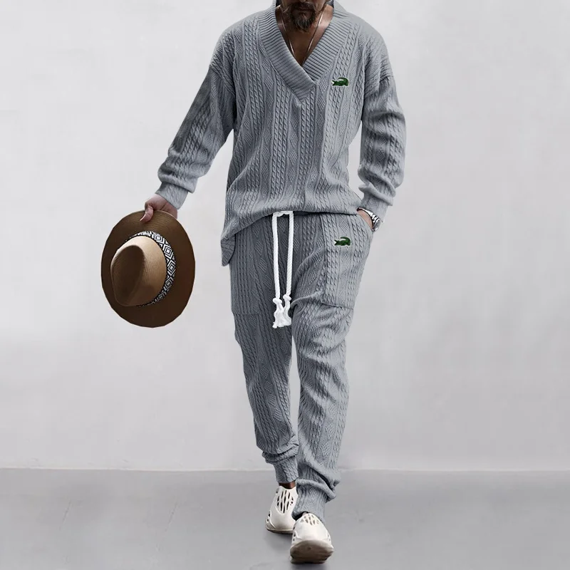 2024 Autumn New Men's Suit Europe And The United States Style Heavy Quality Jacquard V-neck Shirt Trousers Two Sets 6