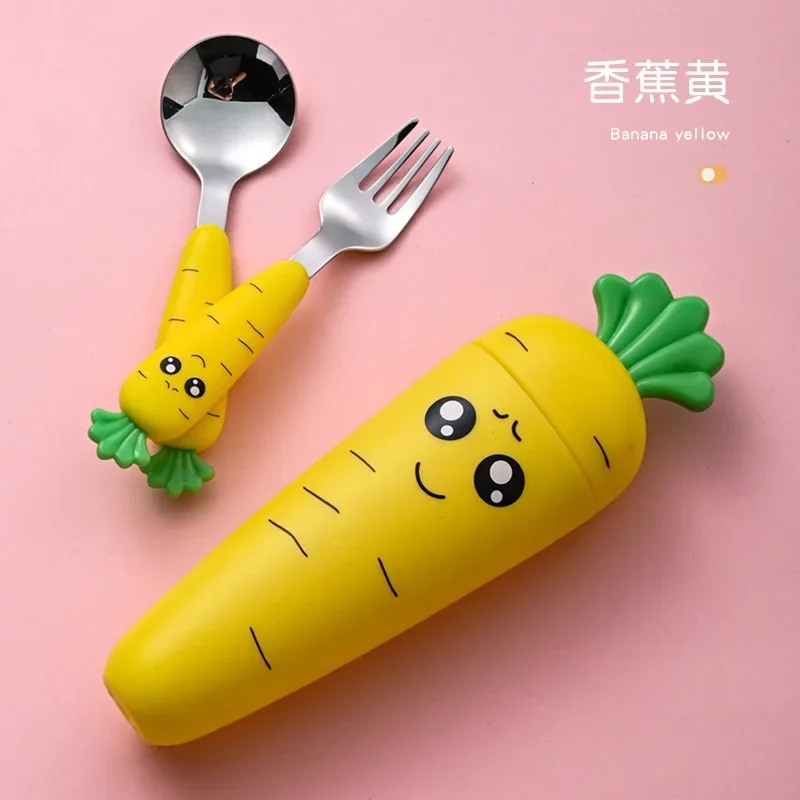 Baby Rice Spoon Cartoon Carrot Spoon Short Fork Children's Tableware Set Stainless Steel