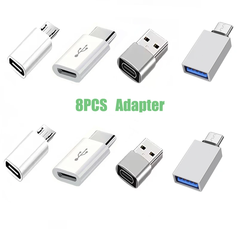 Conjunto de 8 Adaptadores USB C Fêmea, Conversores USB A para USB C e Micro USB para Tipo C Compatíveis com Carregador de Carro, Laptop