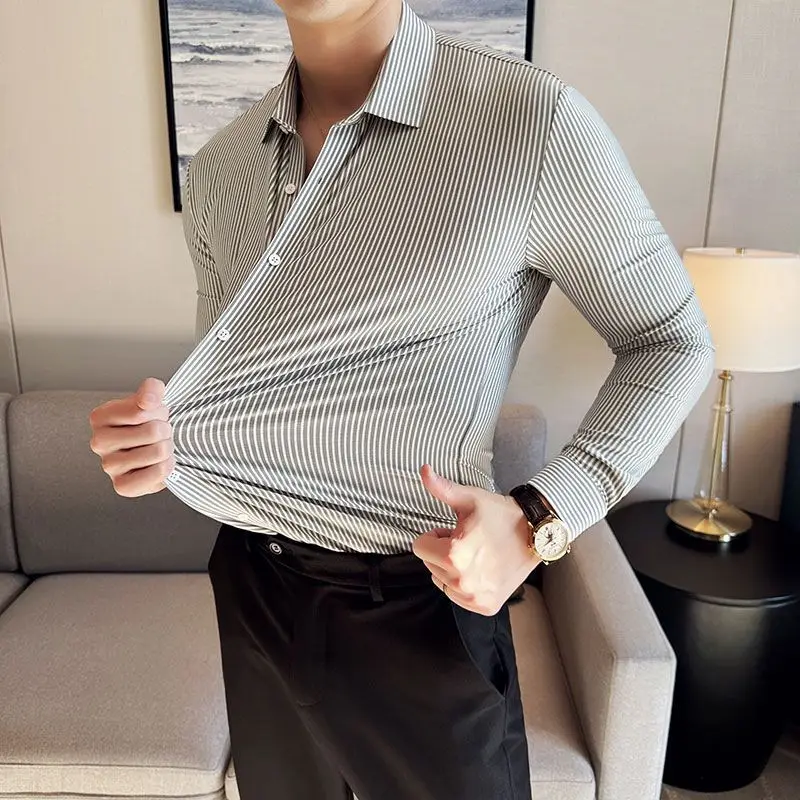 Stretch Formal Shirts for Men Luxury Turn-Down Neck Long Sleeve Social Blouses No Iron Camisa Male Blouse Striped Men Clothing
