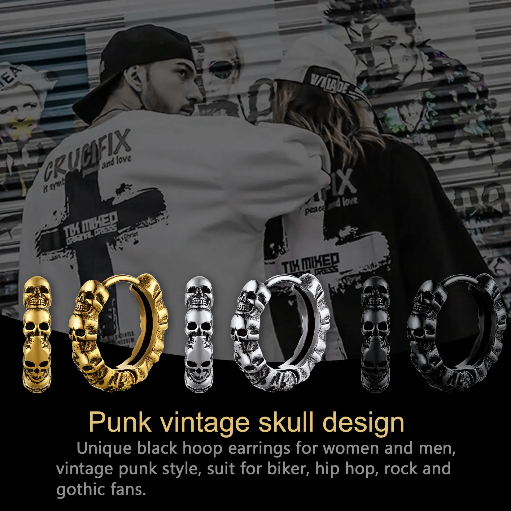 U7 Skull Hoop Earrings Black Metal Color Stainless Steel Gothic Skeleton  Halloween Studs 