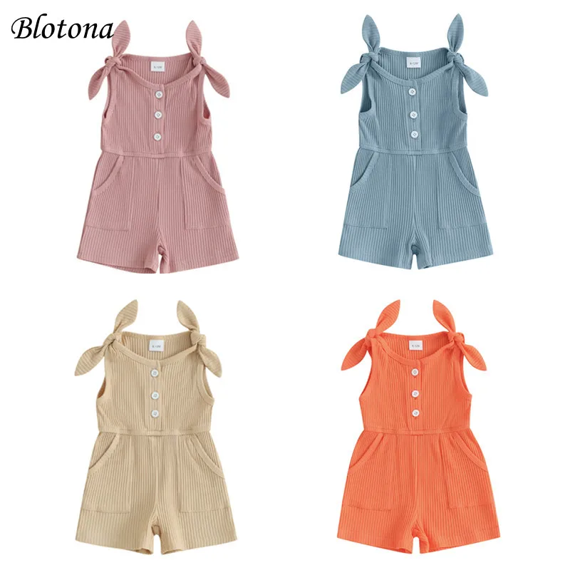 

Blotona Toddler Girls Rompers Solid Color Sleeveless Ribbed Knitted Jumpsuit Shorts Overalls Baby Bodysuits Summer Clothes 6M-4Y